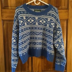 Y2K American Eagle Womens L Fair Isle Blue Ribbed Crew Neck